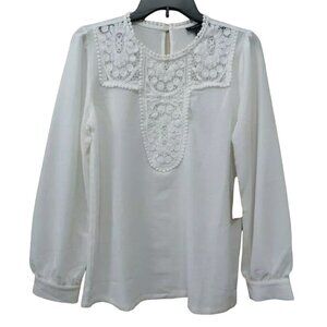 Halogen Women's Crochet Detail & Crepe Blouse, White, XS